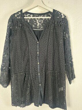 Lucky Brand Womens Black Lace Button Front Tunic Top XL 3/4 Sleeve Boho Casual